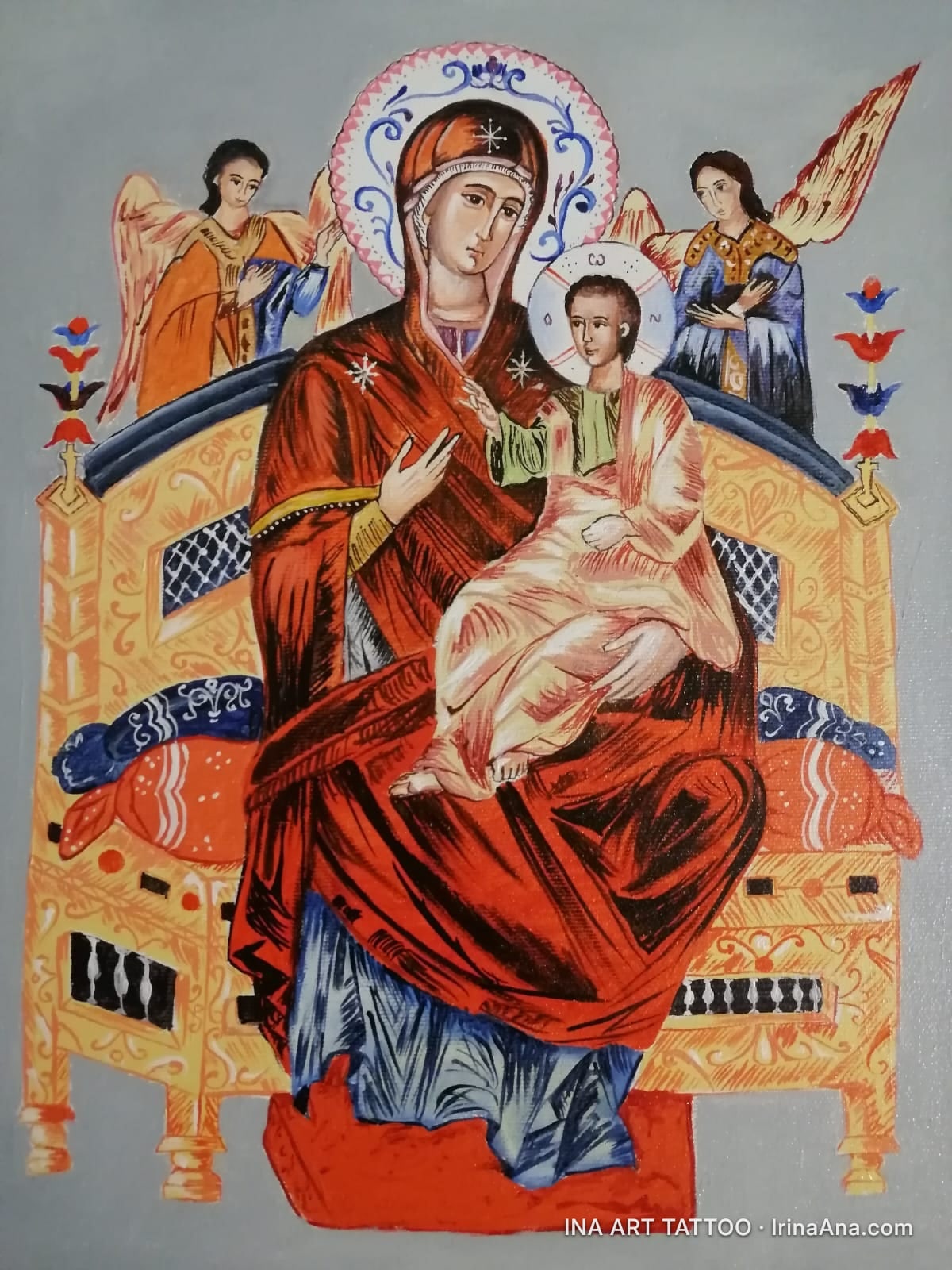 Pictură religioasă în stil bizantin, reprezentând-o pe Fecioara Maria cu Pruncul Iisus, înconjurată de îngeri.