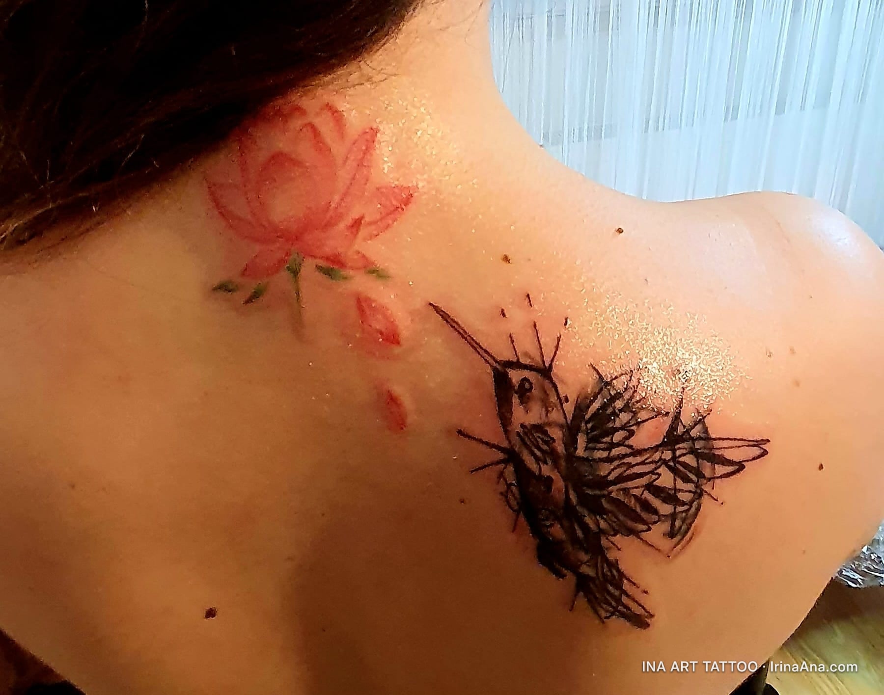 Back tattoo featuring a light pink lotus flower and a stylized black hummingbird with abstract lines.