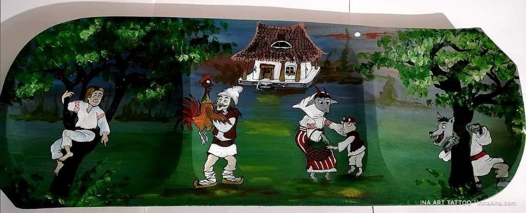 Painted wooden object depicting a folkloric scene: a boy in a tree, a peasant with a rooster, a woman with a child, and a sm…