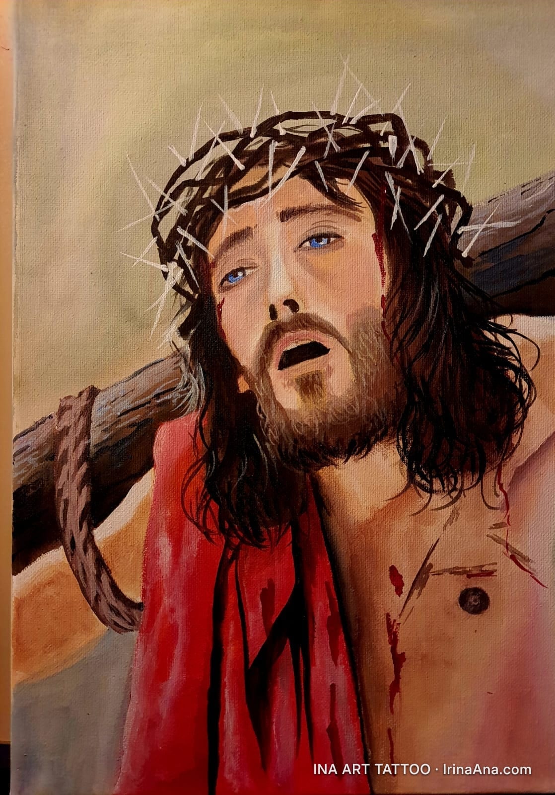 Painting of Jesus Christ carrying the cross, with a crown of thorns, blood on his face and body, and a red robe.