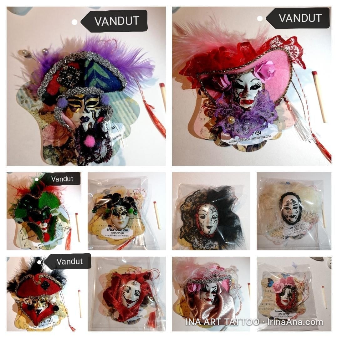 A Venetian carnival mask mărțișor, with purple feathers and a tricorn hat. The mask features gold and black details.