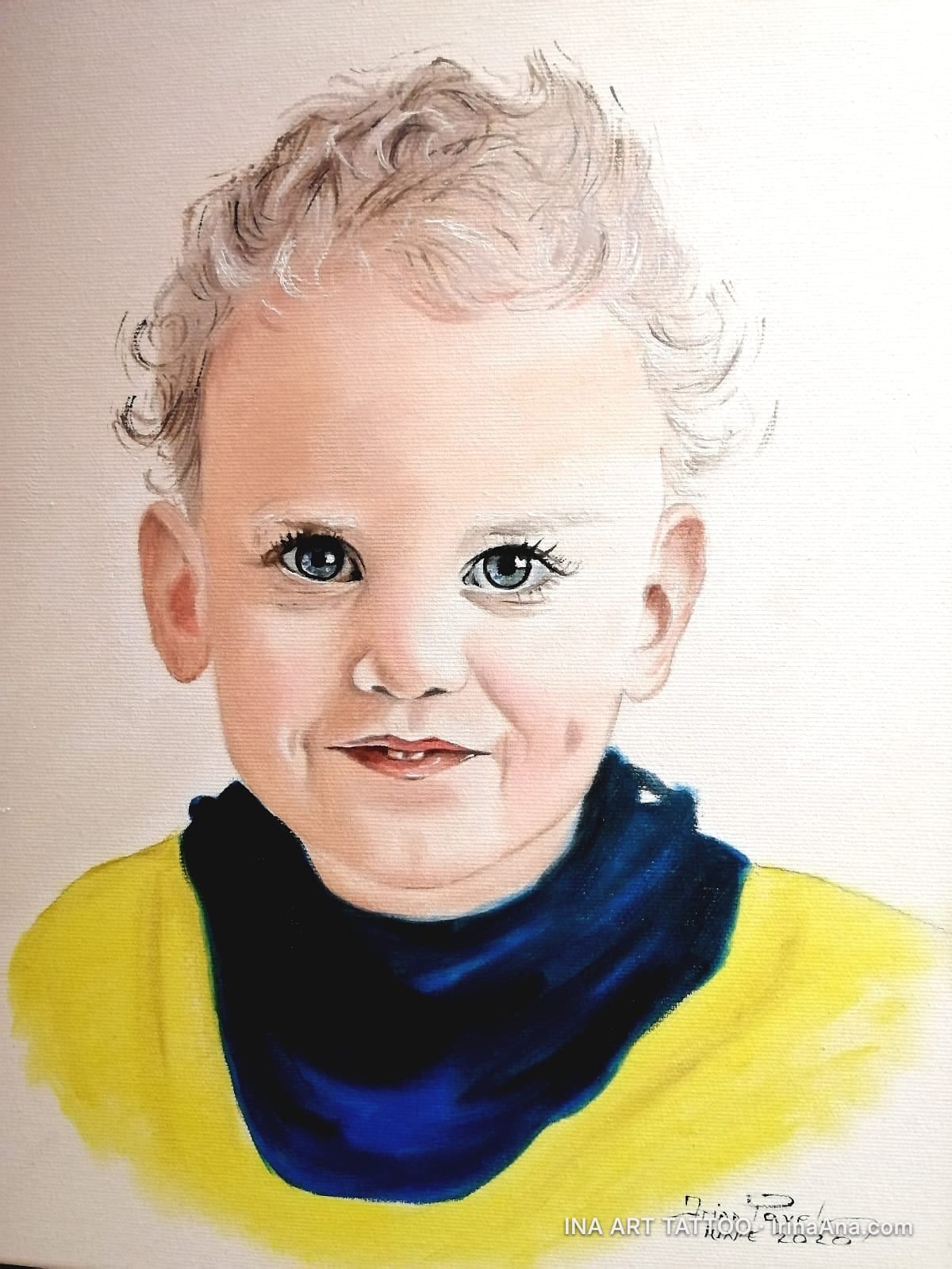 Painted portrait of a baby boy with curly blonde hair, blue eyes, smiling, wearing a yellow shirt and blue collar.