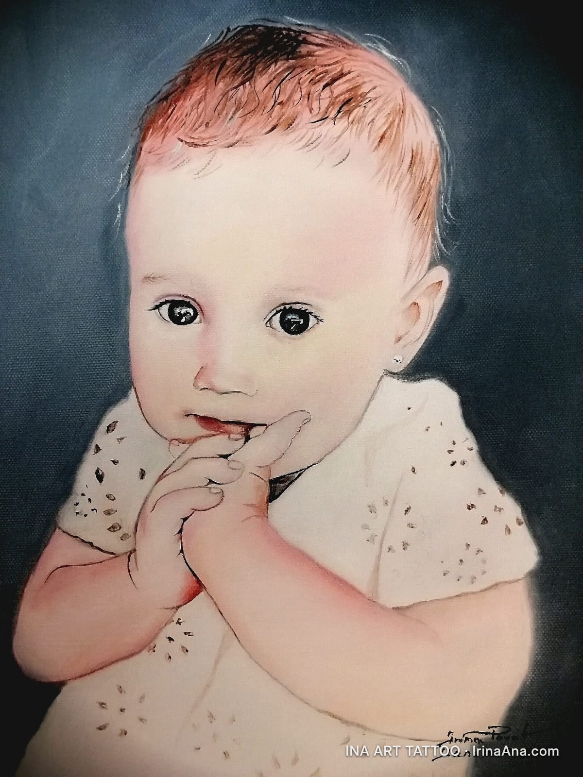 Oil painting portrait of a baby with reddish hair, large dark eyes, wearing a white patterned onesie. Hands are clasped unde…