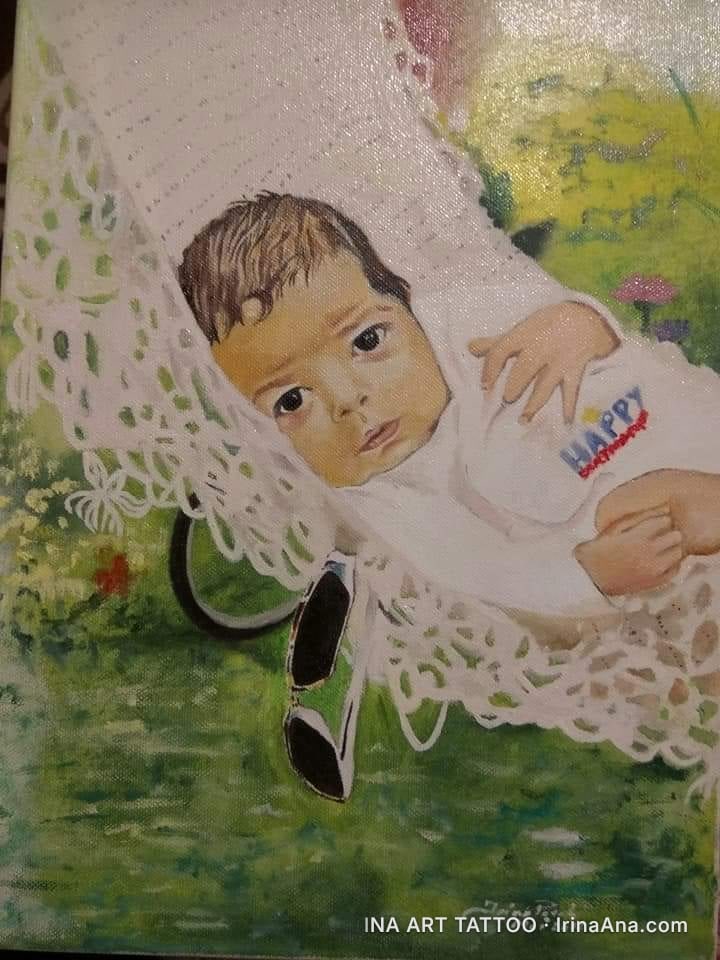 Oil painting of a baby with brown hair, lying in a white hammock, with a green background featuring flowers and mushrooms.