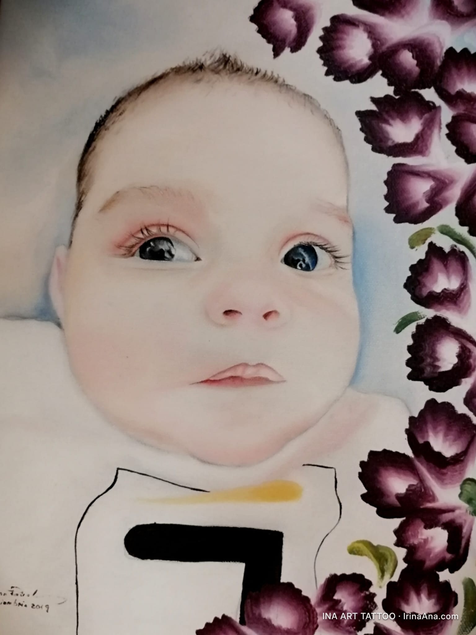 Painted portrait of a baby with blue eyes looking upwards, surrounded by purple flowers on the right side.