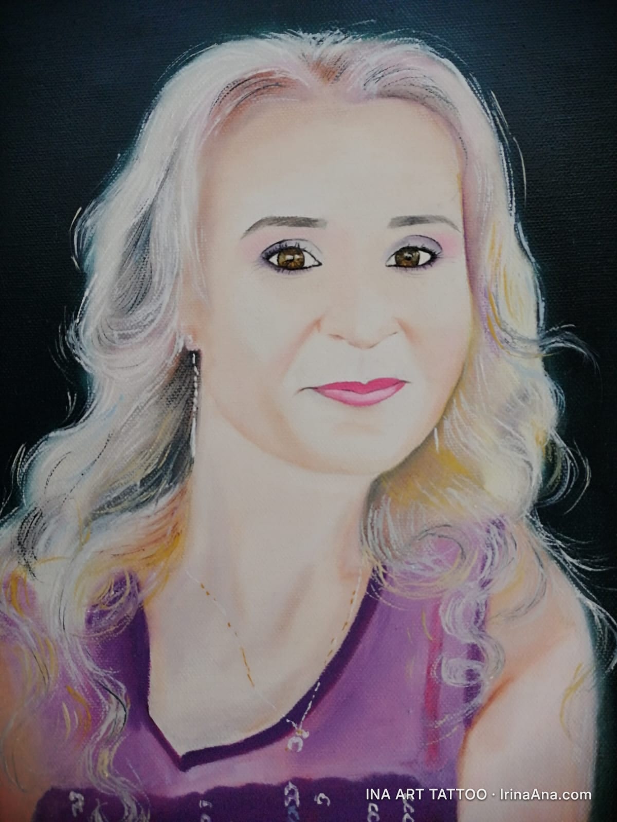 Painted portrait of a woman with wavy blonde hair, wearing a purple top and a delicate necklace.