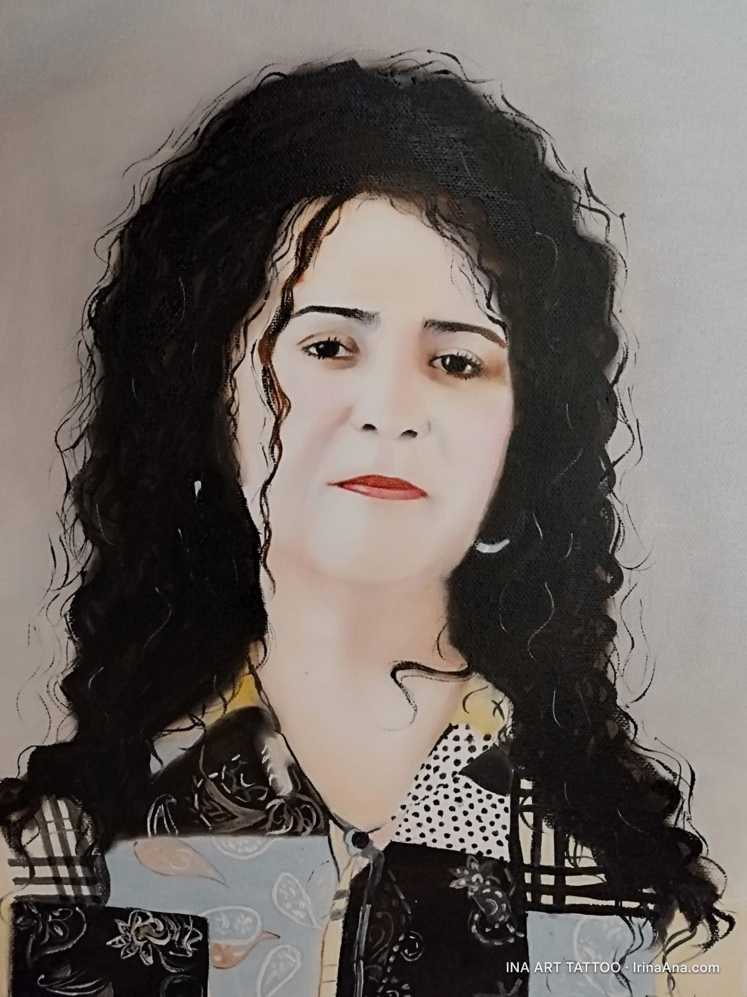 Painted portrait of a woman with long, dark, curly hair, wearing a patterned blouse.