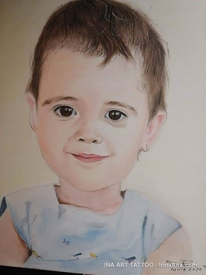 Painted portrait of a child with brown hair and eyes, smiling slightly, wearing a light-colored t-shirt.