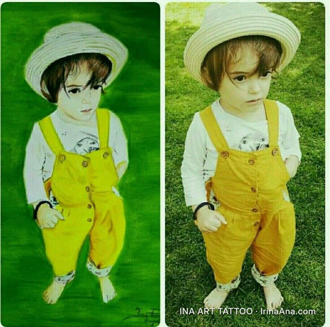 Two side-by-side images: on the left, a painted portrait of a child in a straw hat and yellow overalls, on a green backgroun…