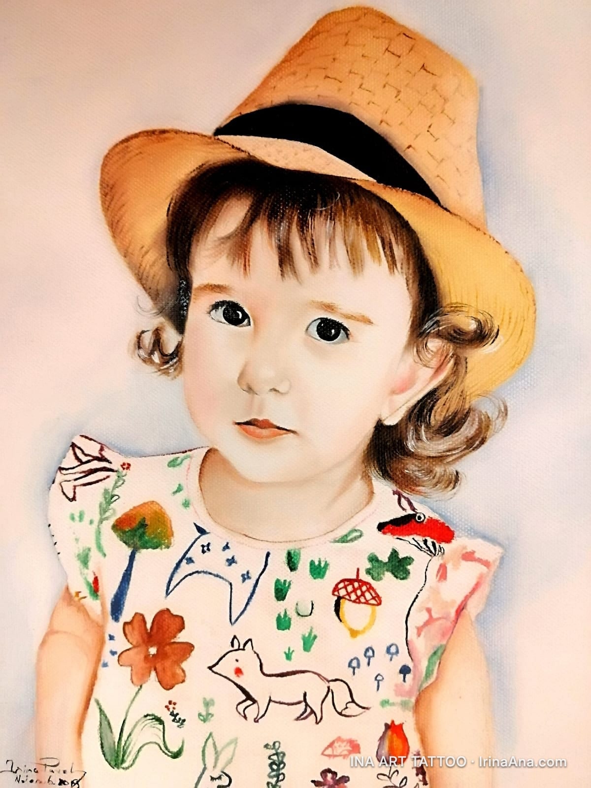 Painted portrait of a child with brown hair, wearing a straw hat and a white blouse with drawings.