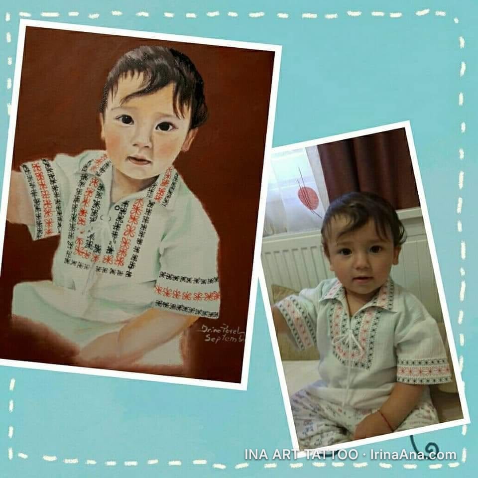 Two side-by-side images: a painted portrait of a child wearing a traditional Romanian shirt and the original photo of the ch…