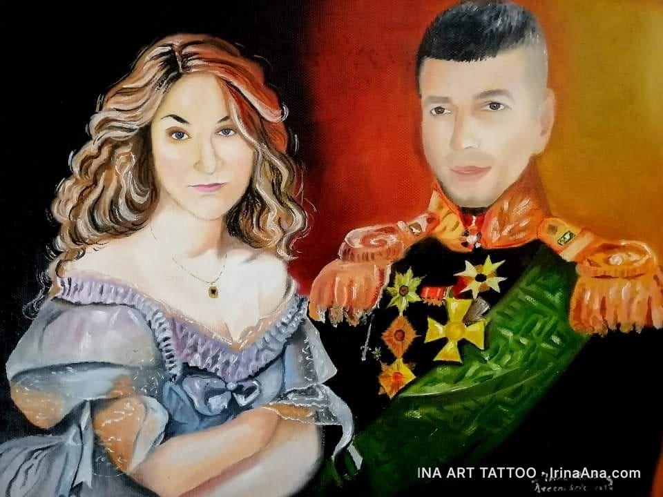 Oil portrait of a couple. The woman wears a grey-blue historical dress, the man a green military uniform with decorations.