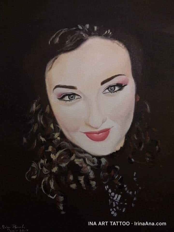 Oil portrait of a woman with dark curly hair, pink makeup, and red lips, against a black background.