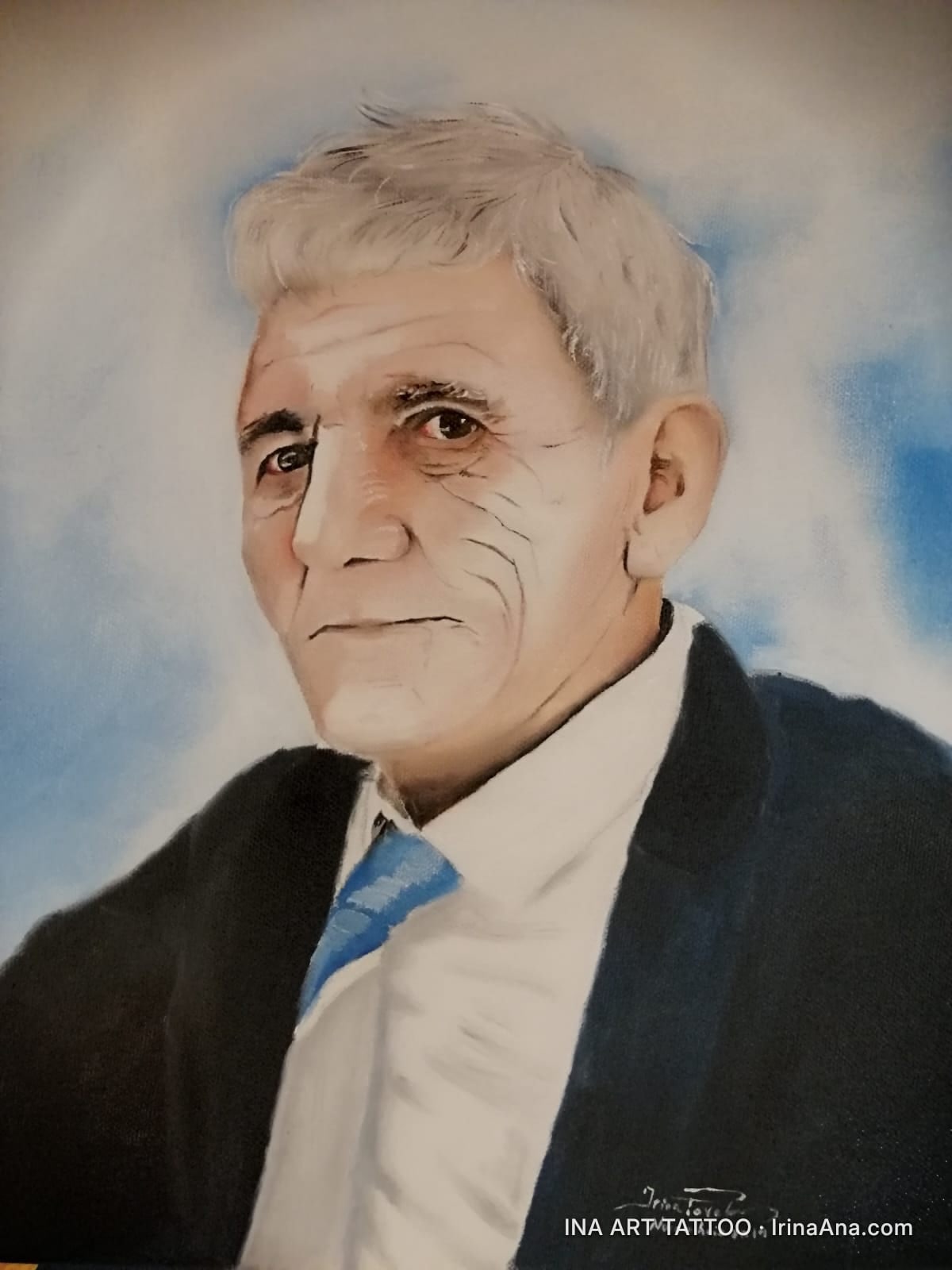 Painted portrait of an elderly man with gray hair, serious expression, wearing a black suit and blue tie.