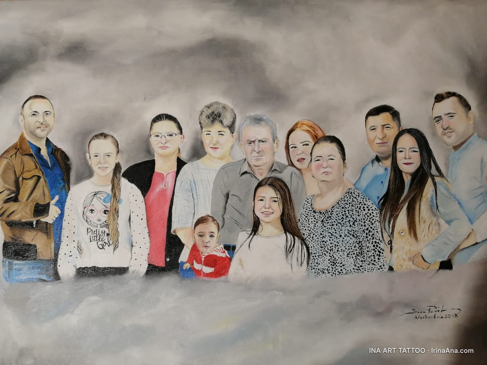 Family painting with eleven people, from young children to seniors, against a faded gray background.