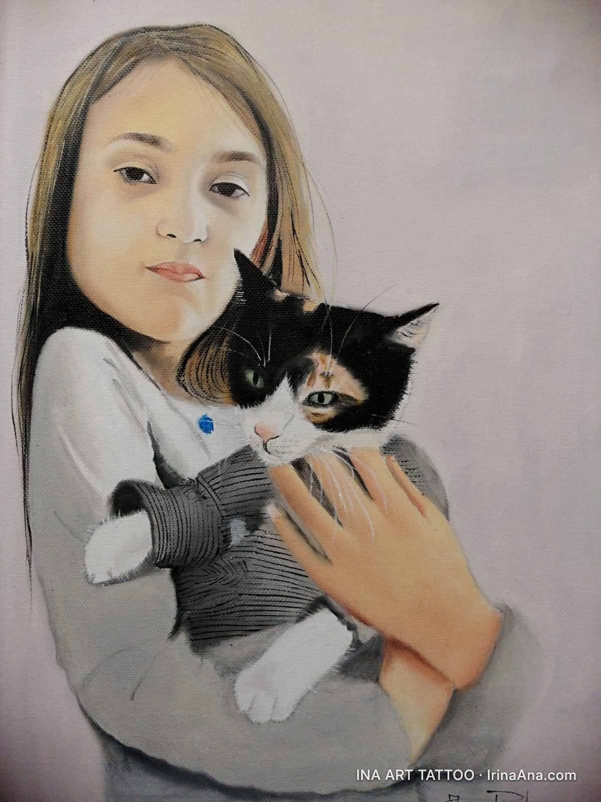 Painted portrait of a girl with long, brown hair, holding a calico cat with white, black, and orange fur.