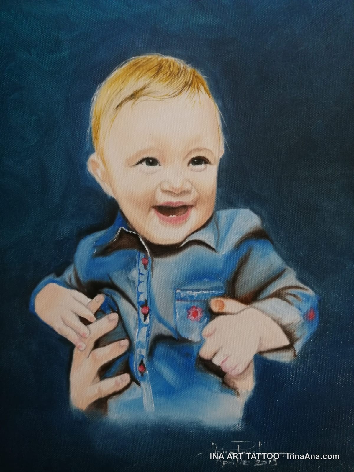 Painted portrait of a smiling baby with blonde hair, wearing a blue shirt, against a dark background.
