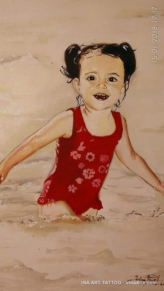 Oil painting of a smiling little girl with pigtails, wearing a red swimsuit with white flowers, standing in water.