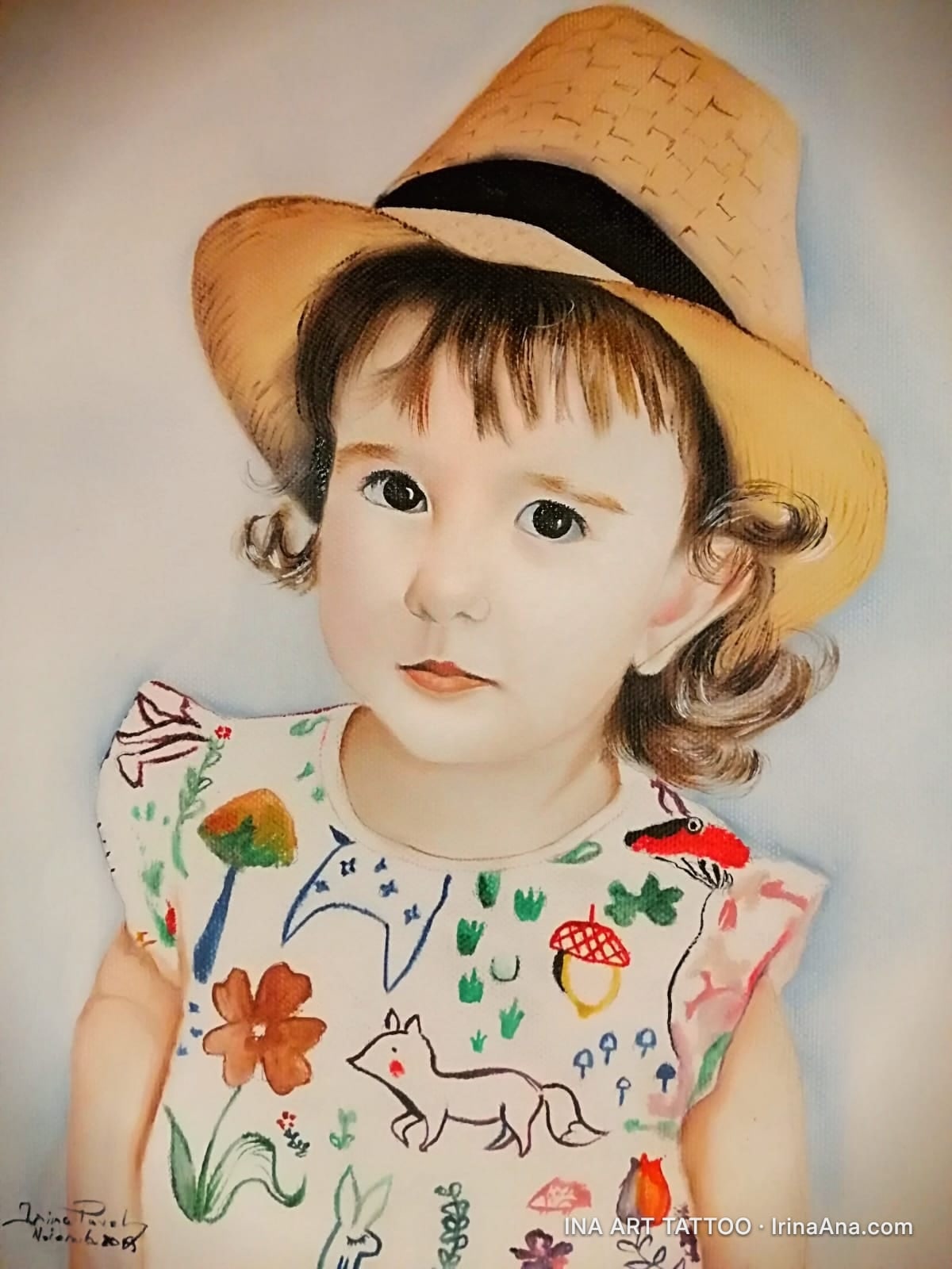 Painted portrait of a little girl with brown hair, wearing a straw hat and a blouse with cheerful prints.