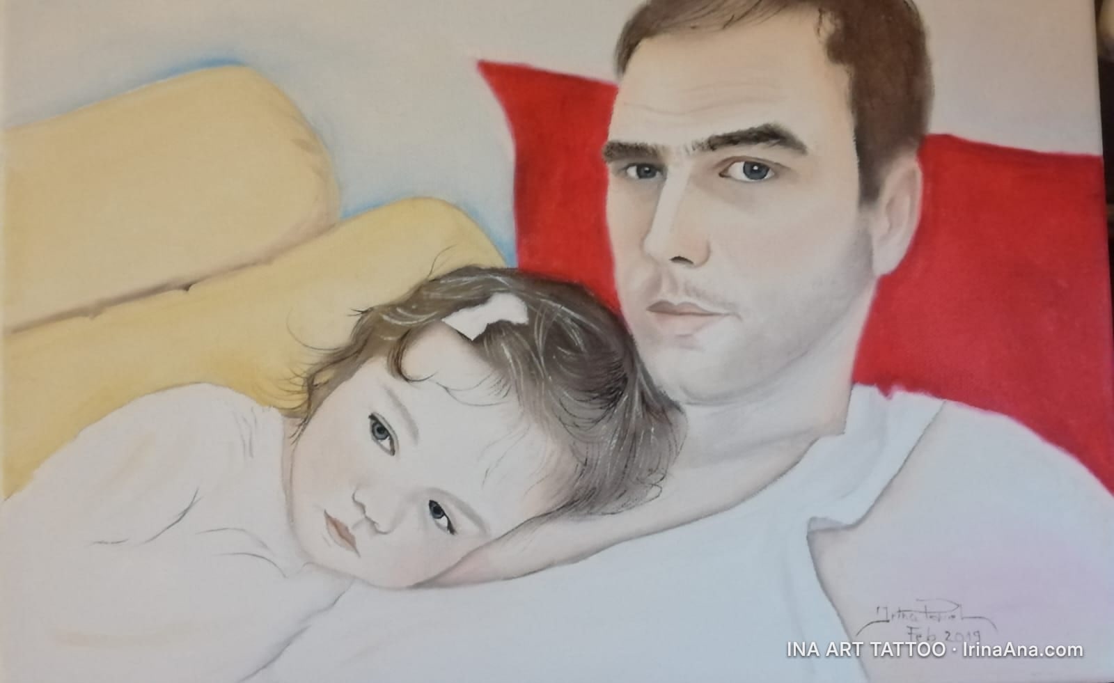 Painted portrait of a man with brown hair and blue eyes, next to a child with curly hair and green eyes, on a red pillow.