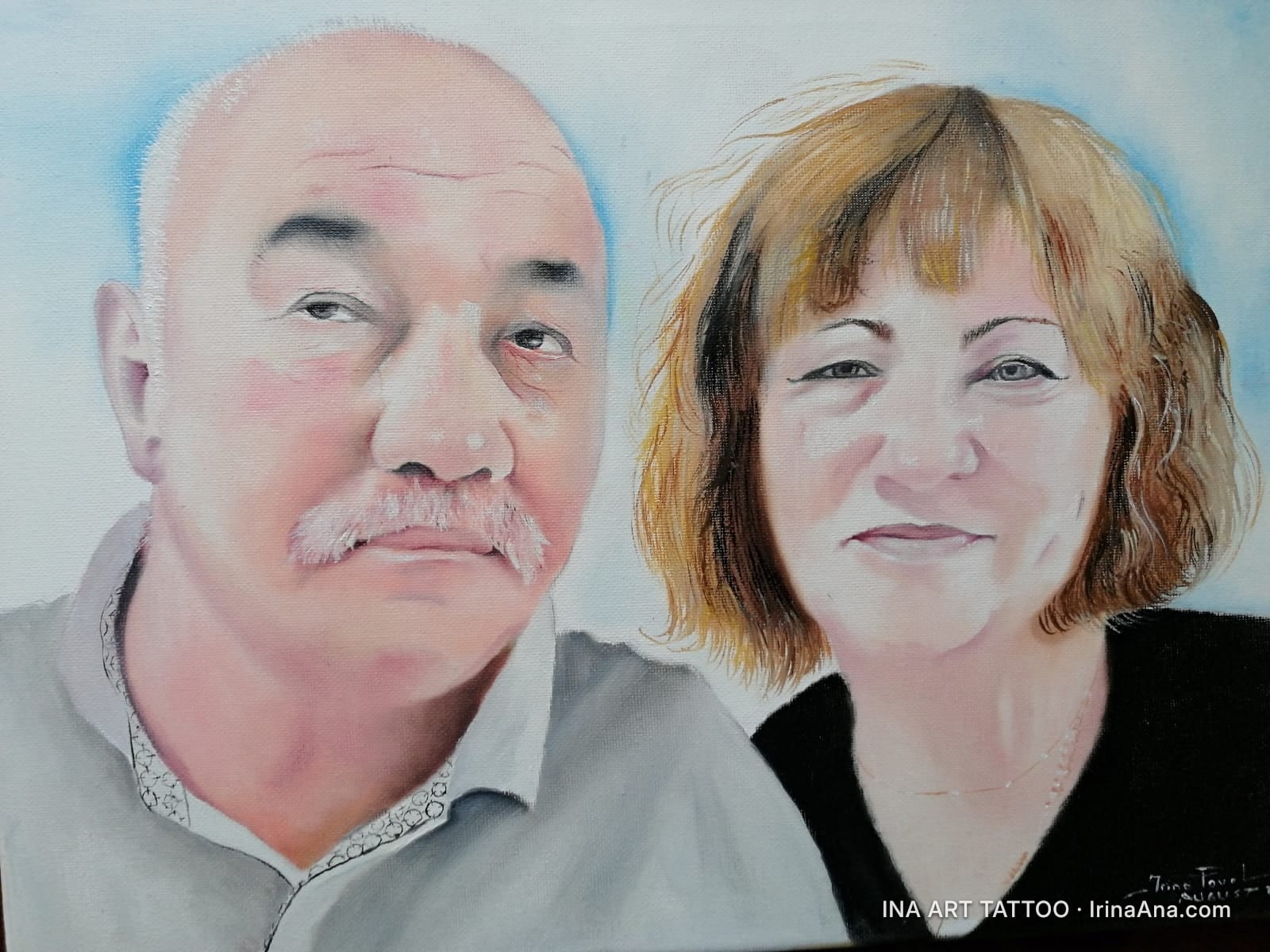 Oil portrait of a couple. A bald man with a mustache looks forward, and a woman with short hair smiles.