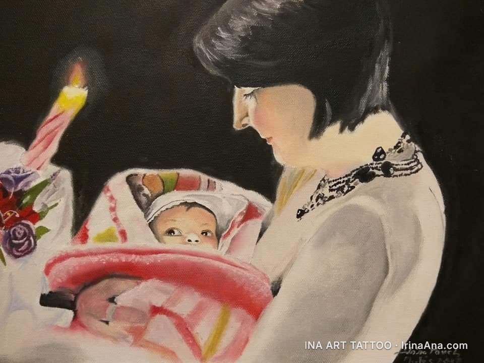 Oil painting depicting a mother holding a swaddled baby, with a lit candle on the left, against a dark background.