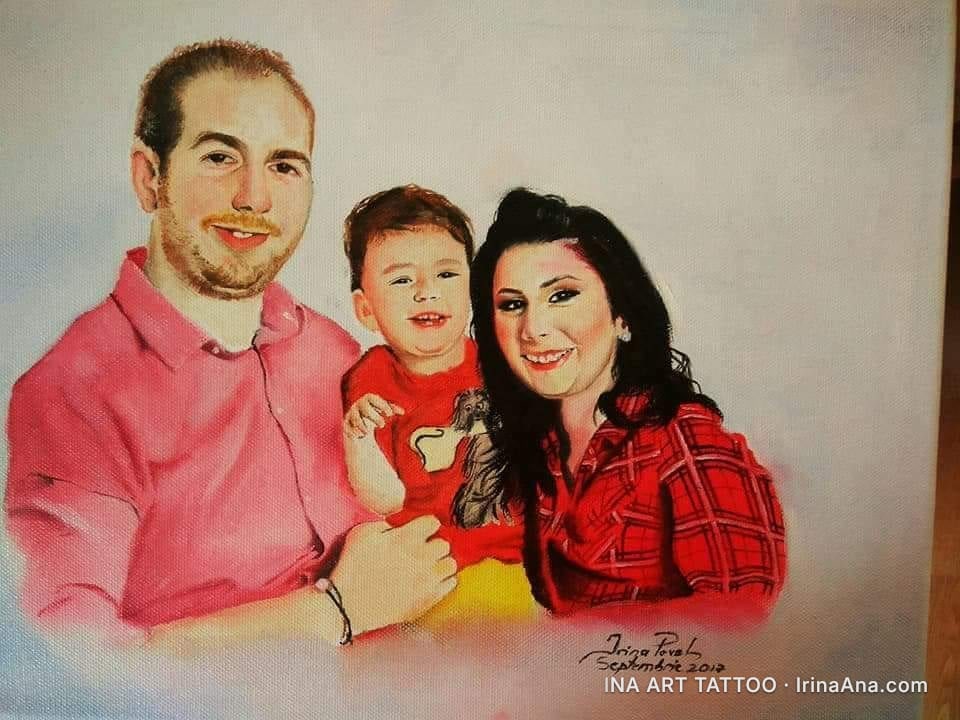 Oil painting family portrait, depicting a man, a woman, and a small child, all smiling.