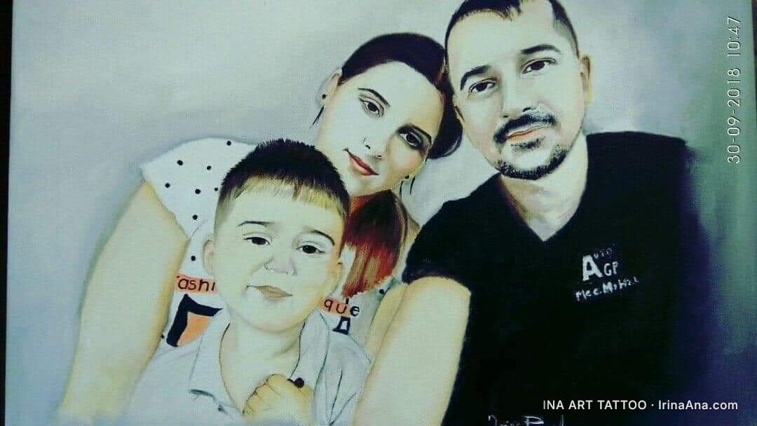 Painted family portrait featuring a smiling woman, man, and child looking at the camera.