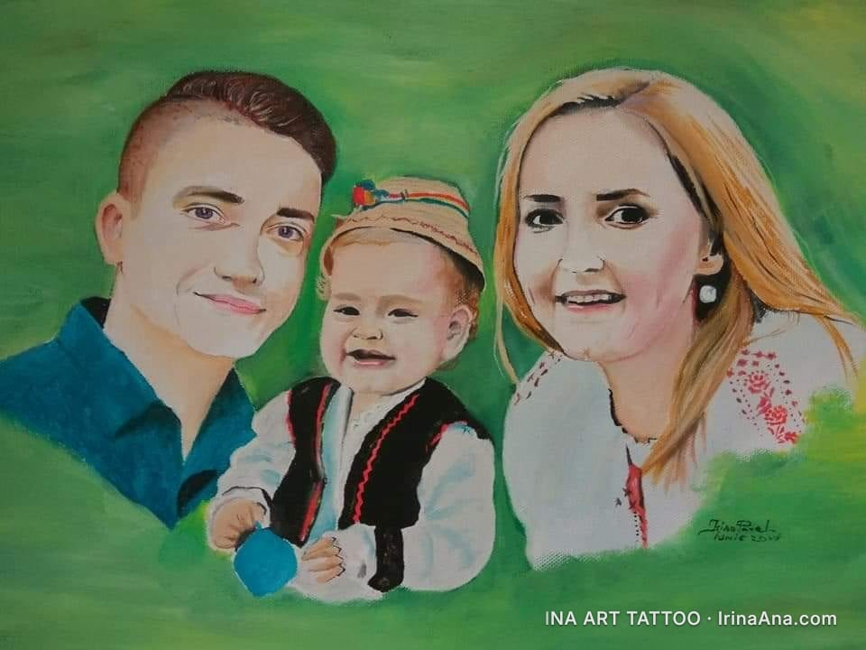 Oil painting family portrait of a smiling man, woman, and baby on a green background. The baby wears traditional clothing.