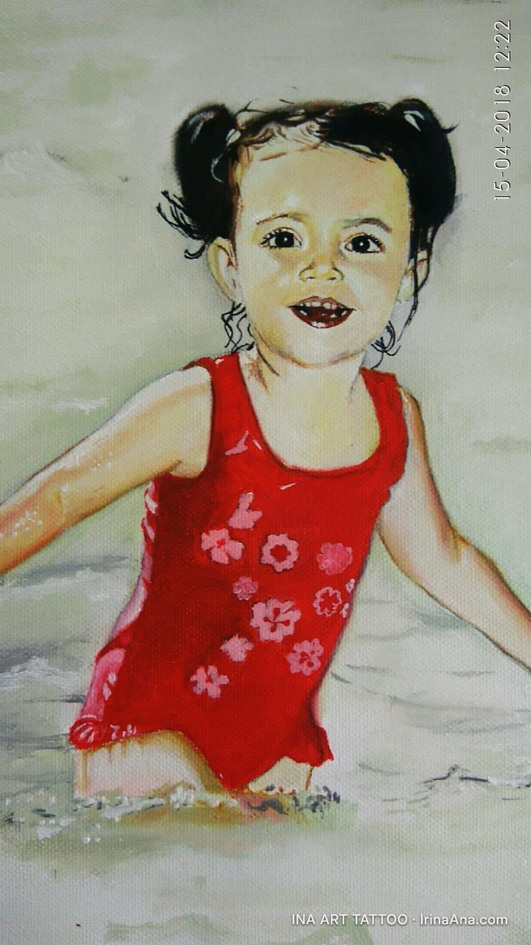Painted portrait of a smiling little girl with pigtails, wearing a red swimsuit, standing in water.