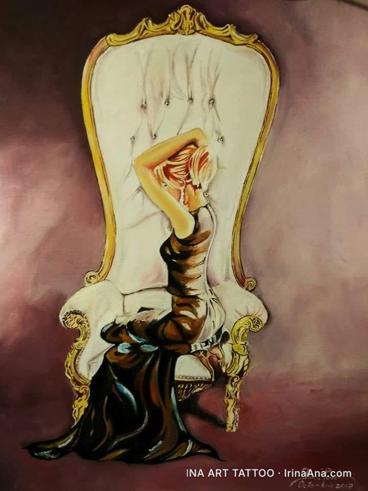 Oil painting of a red-haired woman in a long dress, sitting on an ornate baroque chair.