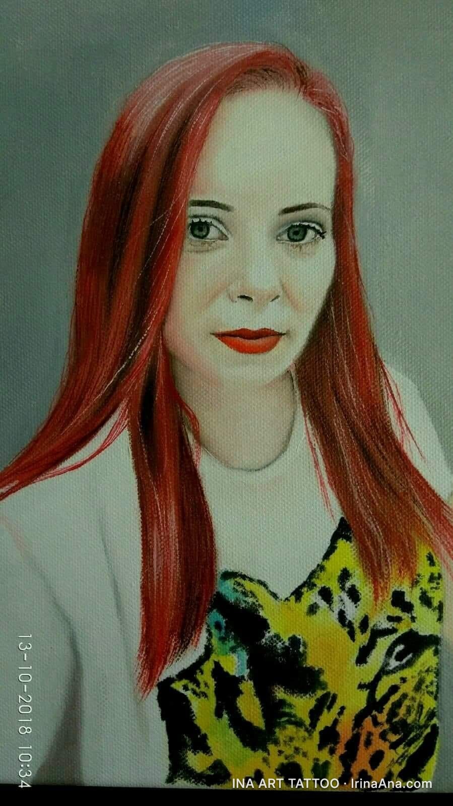 Painted portrait of a woman with red hair, green eyes, and red lips, wearing a white t-shirt with a colorful leopard print.