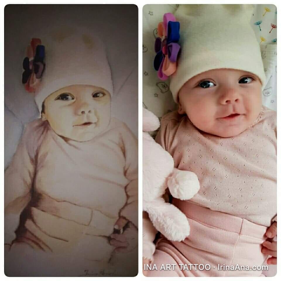 Portrait of a smiling baby wearing a white hat with a colorful flower and pink clothes, next to the original photograph.