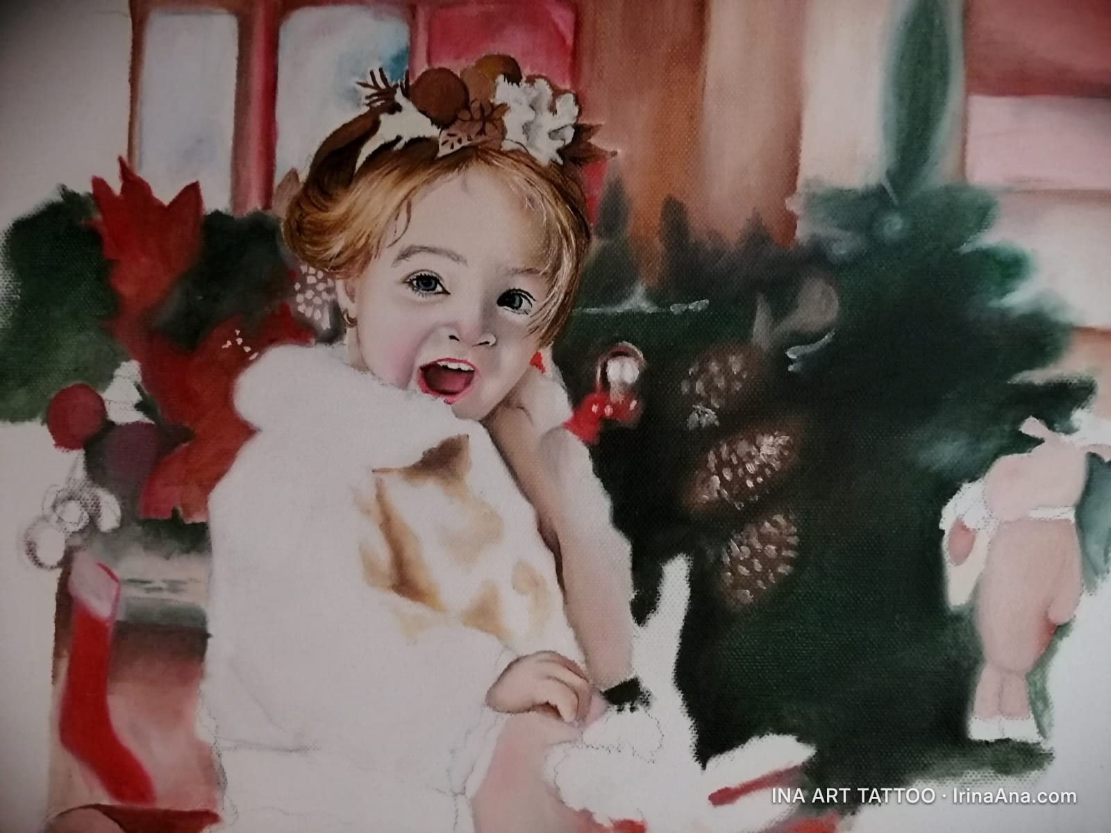 Oil painting portrait of a smiling child with a festive wreath on their head, next to a Christmas tree and decorations.