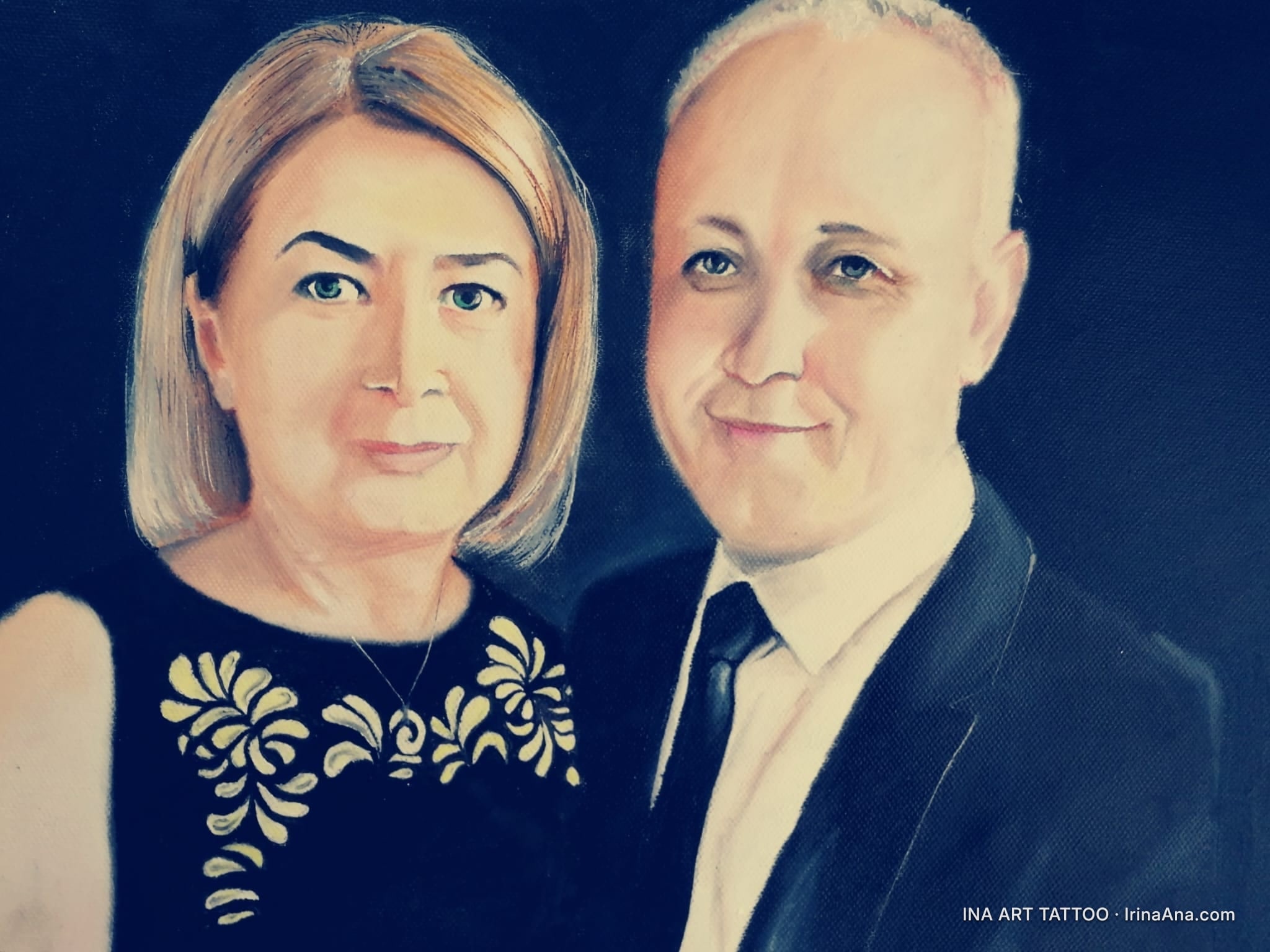 Painted portrait of a couple, a blonde woman and a grey-haired man, both smiling.