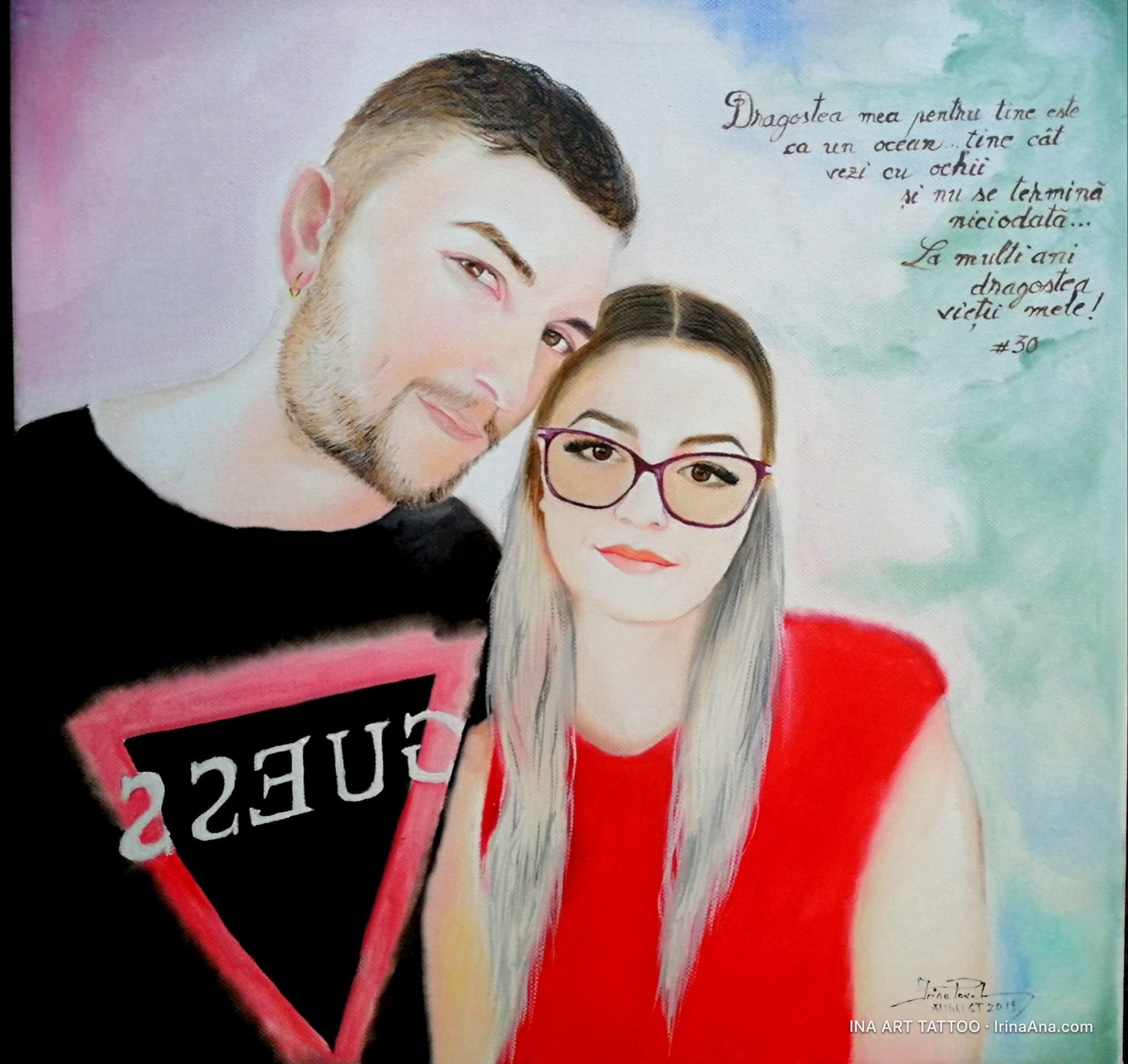 Painted portrait of a young couple, a bearded man and a woman with glasses, against an abstract background with text.