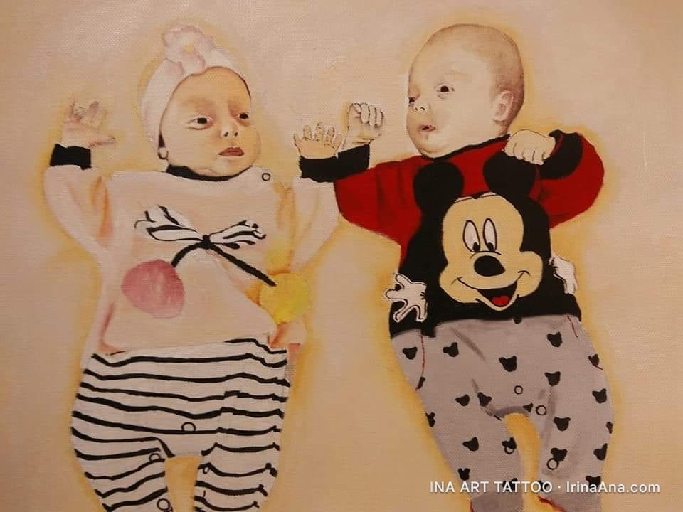 Oil painting depicting two babies, one in a pink striped romper and the other in a red Mickey Mouse romper.