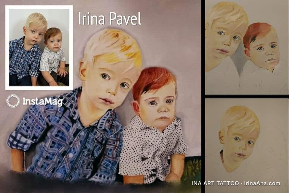 Oil painting of two boys: one blond in a plaid shirt, one redhead in a polka dot shirt, looking forward.