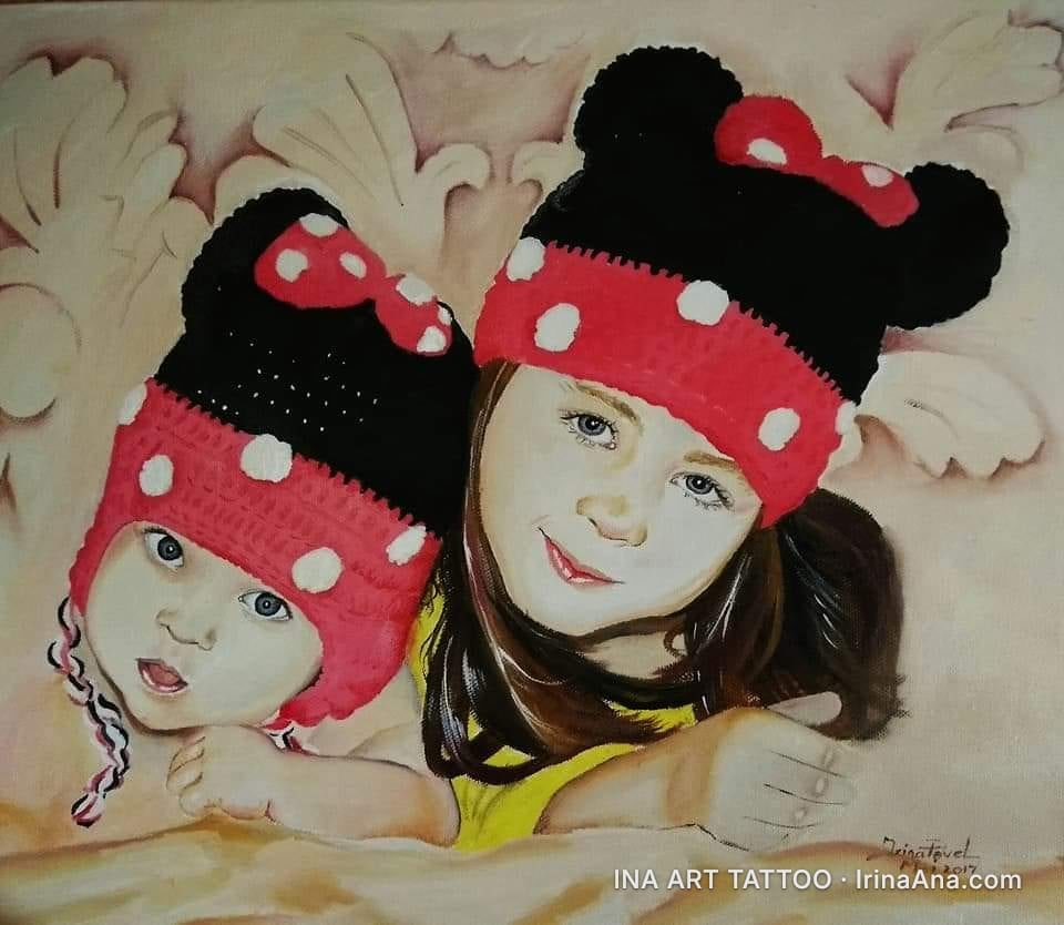 Painting of two girls wearing black and red polka-dot Mickey Mouse style hats, against a beige background.