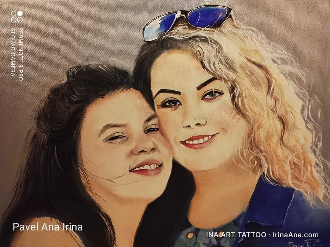 Oil painting portrait depicting two smiling women, one with dark hair, the other blonde with sunglasses on her head.