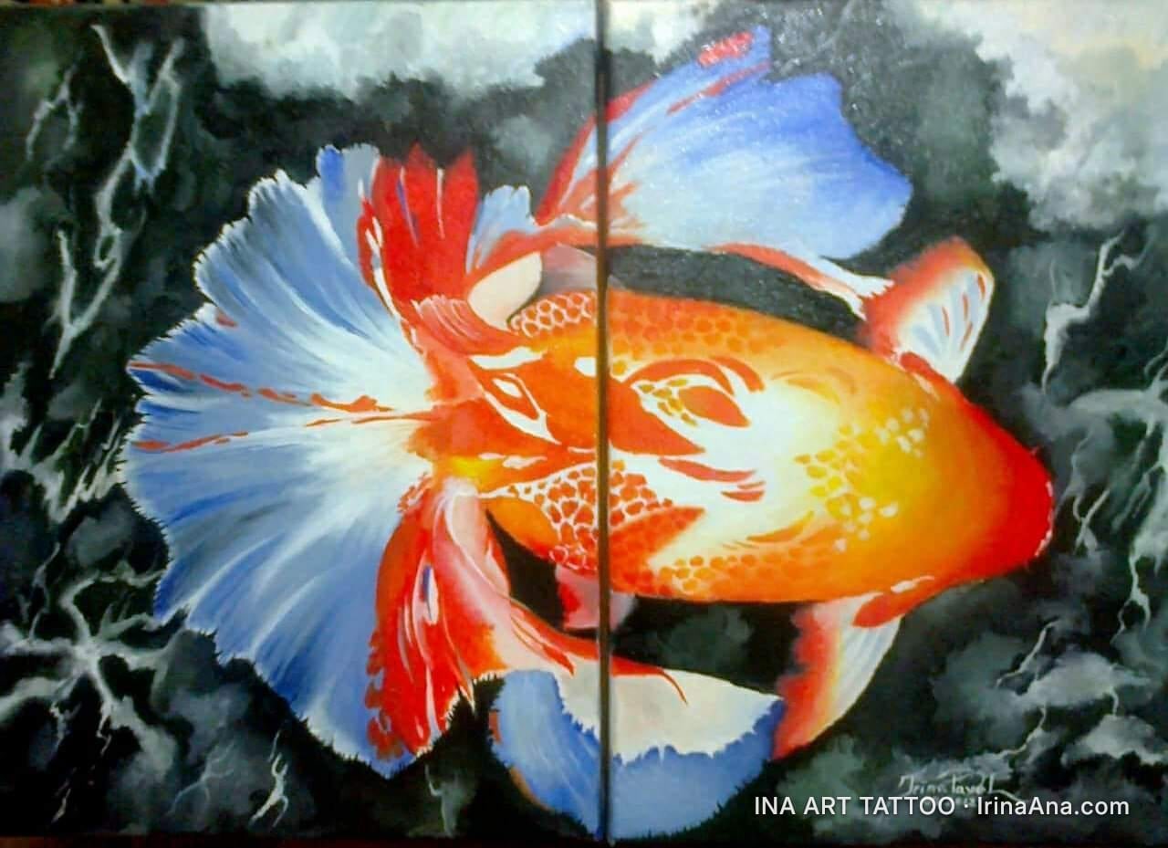 Oil painting of an orange fish with blue and red fins, against a dark background with white abstract shapes.