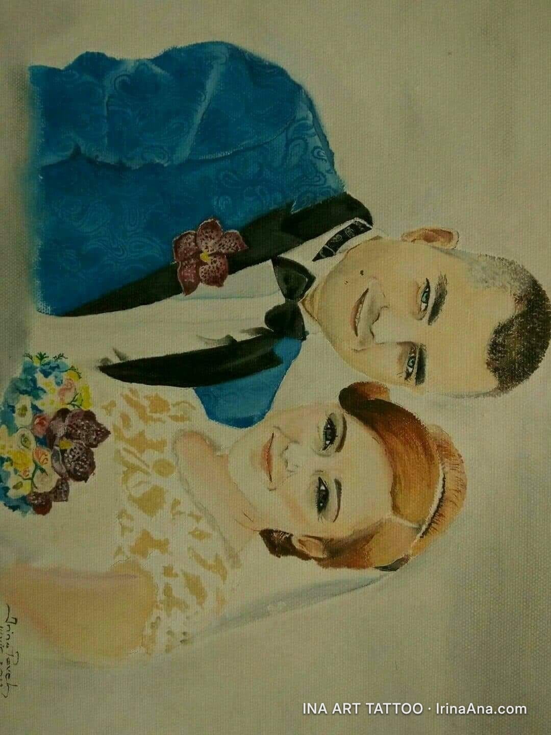 Oil portrait of a wedding couple, a man in a blue suit and a woman in a white dress, smiling.