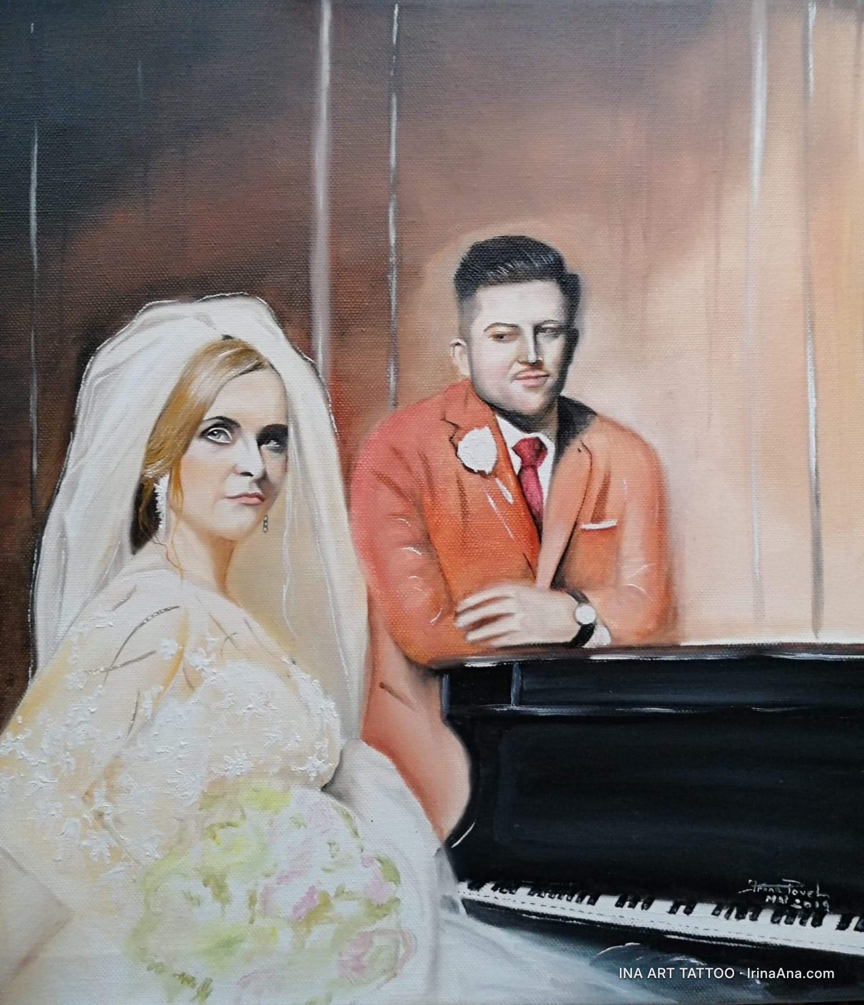 Oil painting of a wedding couple. The bride in a white dress and veil looks up, the groom in a red suit stands next to a bla…