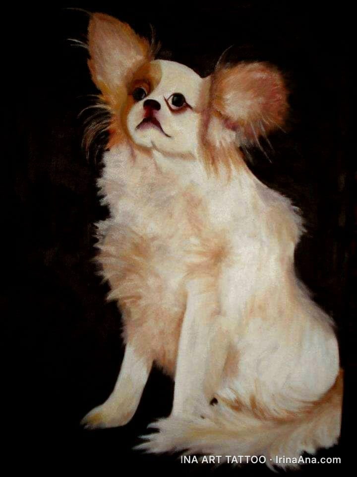 Oil painting of a small white dog with reddish-brown patches, sitting against a black background. It has large ears and a me…