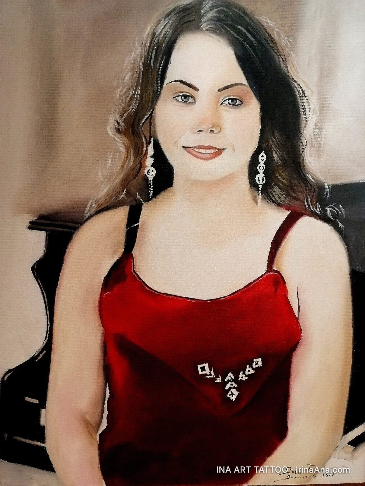 Painted portrait of a woman with dark brown hair, wearing a red top and long earrings, against a neutral background.