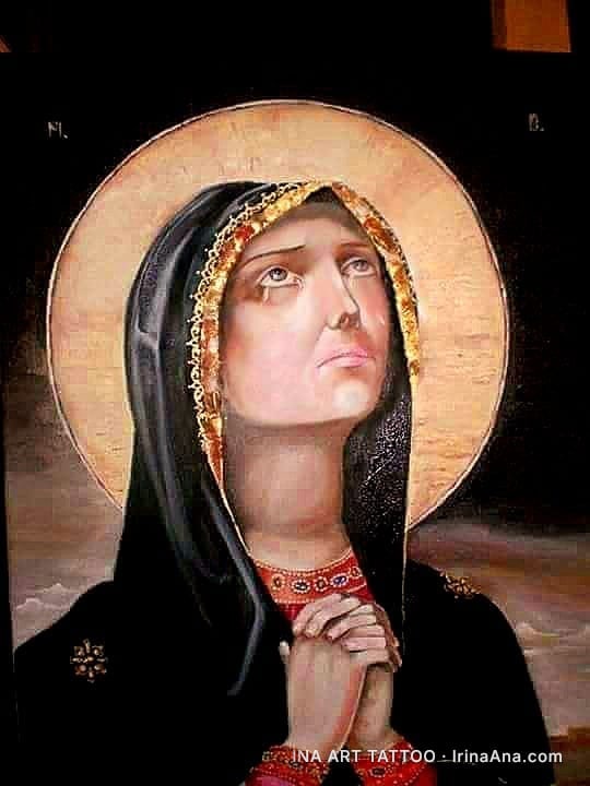 Painting of a woman in black and red garments, with a halo, looking upwards, hands clasped. A tear runs down her cheek.