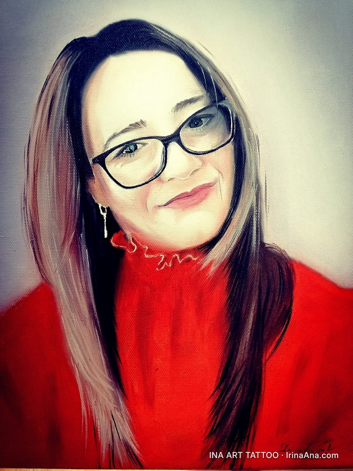 Painted portrait of a woman with long hair, glasses, and a red sweater, smiling slightly.