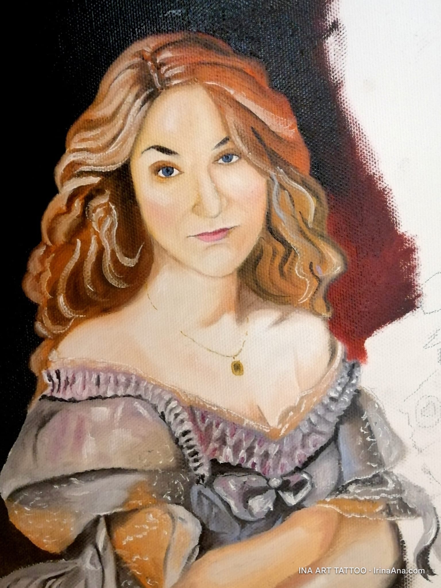 Oil painting portrait of a woman with auburn hair, wearing an off-the-shoulder dress and a golden pendant.