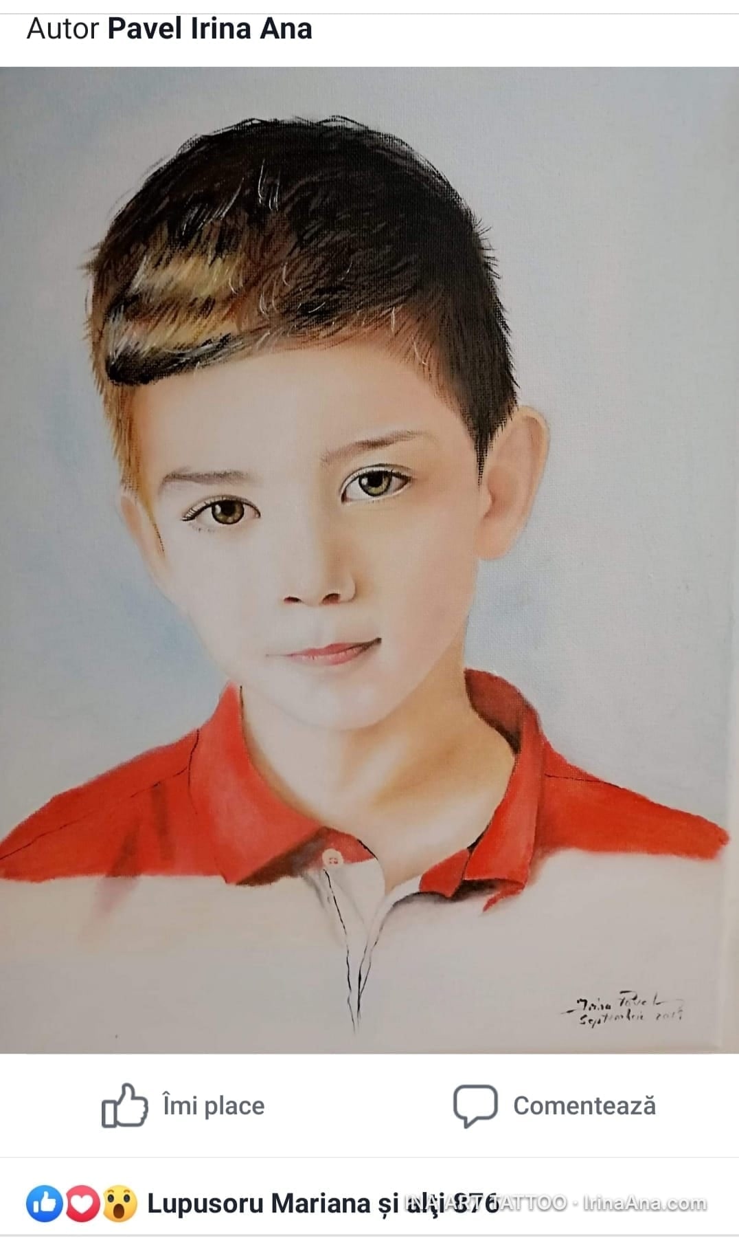 Painted portrait of a young boy, with brown hair and brown eyes, wearing a red polo shirt.