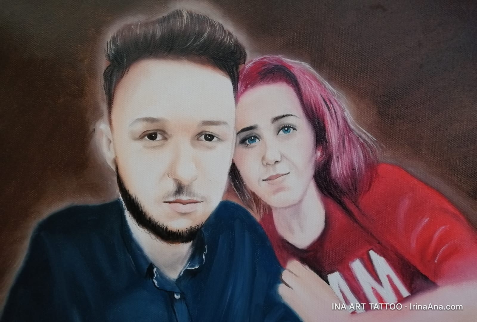 Oil portrait of a young couple, a man with a beard and a woman with pink hair, against a brown background.